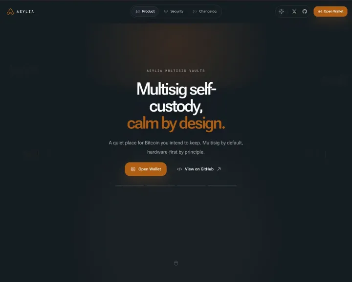 Úvodná obrazovka webu Asylia predstavujúca vlastnú správu Bitcoinu s viacerými podpismi a pokojným rozhraním