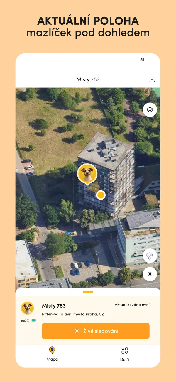Findee Pets — aktuálna poloha domáceho miláčika na satelitnej mape