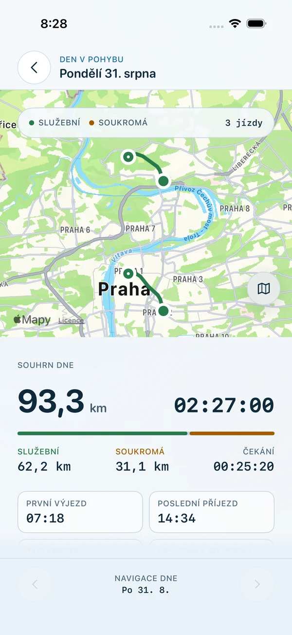 GPS Dozor 4.0 — denný prehľad jázd na iOS s mapou ukážkových trás a súhrnom kilometrov