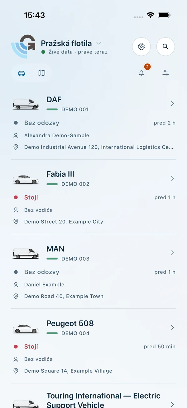 GPS Dozor 4.0 — prehľad ukážkovej flotily na iOS vo svetlom režime