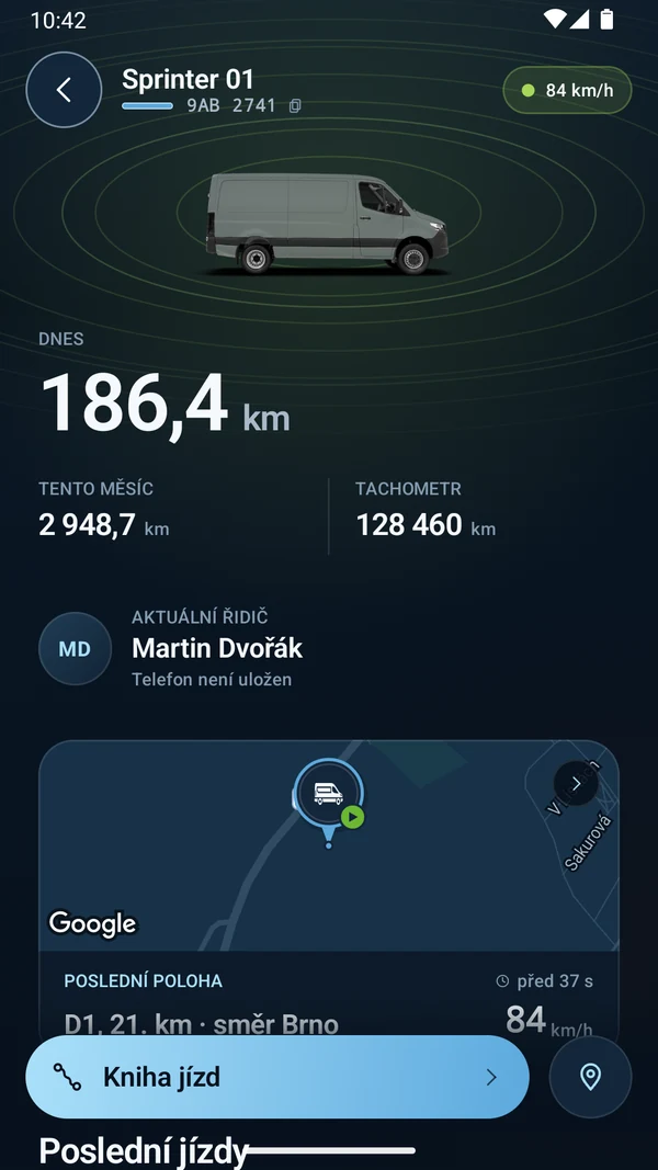 GPS Dozor 4.0 — detail ukážkového vozidla na Androide s rýchlosťou, nájazdom a poslednou polohou