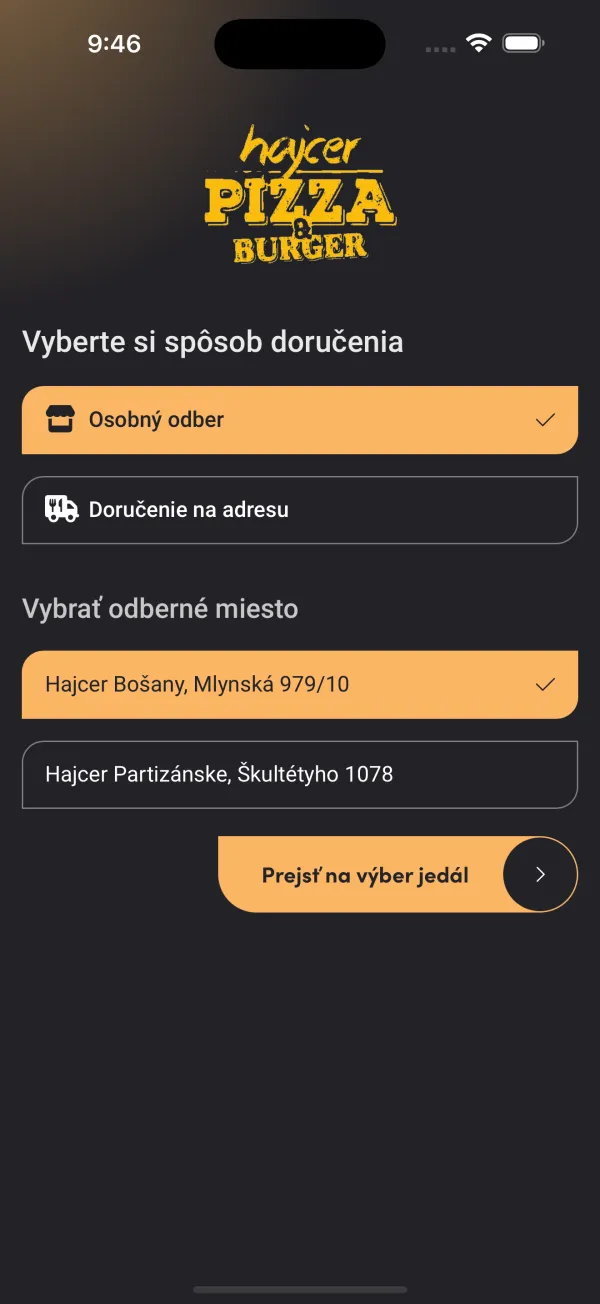 Hajcer — výber spôsobu doručenia a odberného miesta medzi dvoma pobočkami
