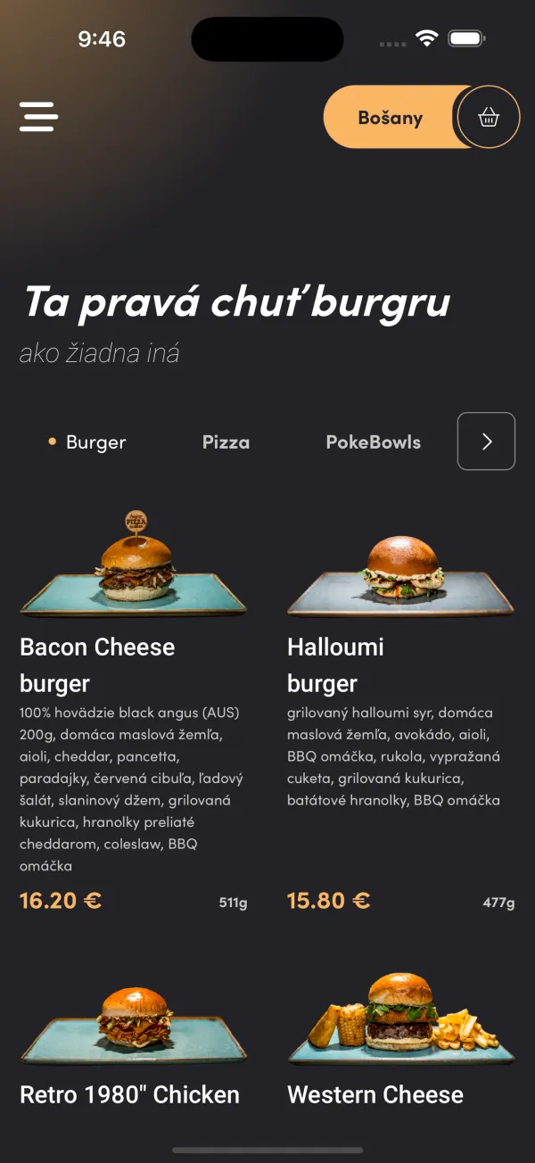 Hajcer — ponuka burgerov s cenami a kategóriami