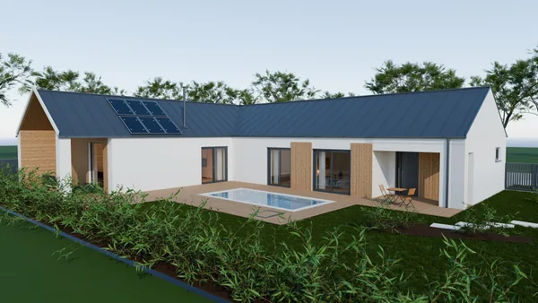 Vizualizácia vyrenderovaná z 3D modelu: pohľad zo záhrady na dve prepojené krídla a terasu